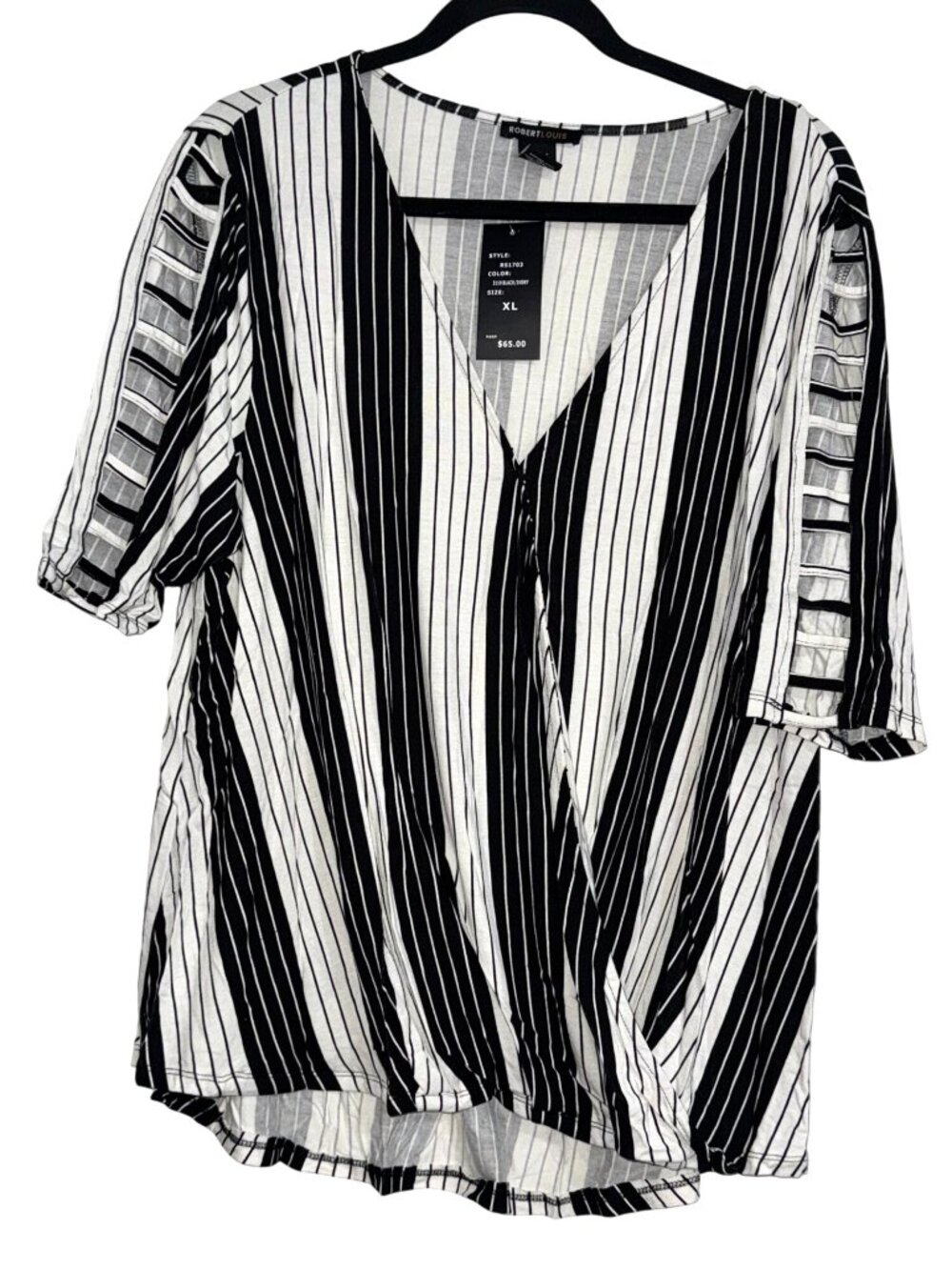 Black & White Striped Robert Louis Womens Top With V-Neck & Cutout Sleeves M
